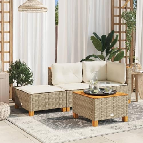 Gecheer Gartenhocker mit Kissen, Sitzhocker mit Stahlrahmen,Fußhocker 63,5x56x32 cm für Garten Terrasse, Hocker Gartenstuhl Gartenmöbel, Beige Poly Rattan