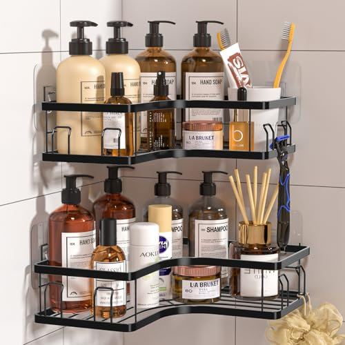 Etagère Douche, Etagere Salle de Bain Angle 2 PCS, Etagere Douche sans Percage Acier Inoxy avec 8 Crochets 6 Adhésifs Rangement Salle de Bain Cuisine