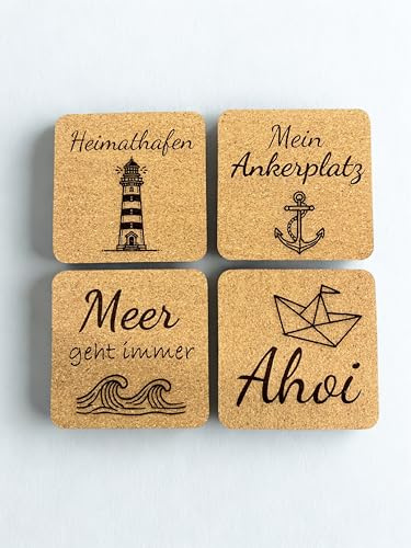 4er-Set Kork Untersetzer mit maritimen Motiven, Ankerplatz, 11 cm x 11 cm, Kunstmanufaktur Engel, Deko, Küchendeko, Tischdeko, Urlaub, Heimathafen, Meer geht Immer, Nordsee, Geschenk, Muttertag