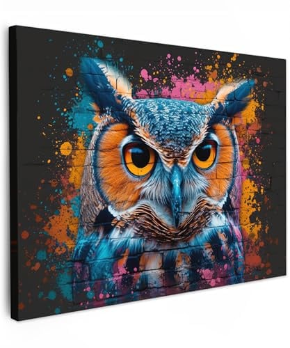 MuchoWow© Leinwand Deko Schlafzimmer Aesthetic Leinwandbilder Wohnzimmer | 80x60 cm - Gemälde Foto Geschenk Living Room Decoration Eule - Vogel - Farbenfroh - Graffiti - Kunst