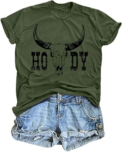 tiorhooe Cowgirl T Shirts for Women UK Bull Skull Short Sleeve Tee Shirts | Howdy Bull Skull Shirt, Western Country Style, Bold Graphic, Soft Breathable, Flattering Fit, Great For Summer, Rodeo Wear