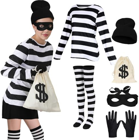 Crazycos Bankräuber Kostüm Damen, 6Pcs Robber Costume Women Halloween Costume Set Robbers Fancy Dress for Carnival