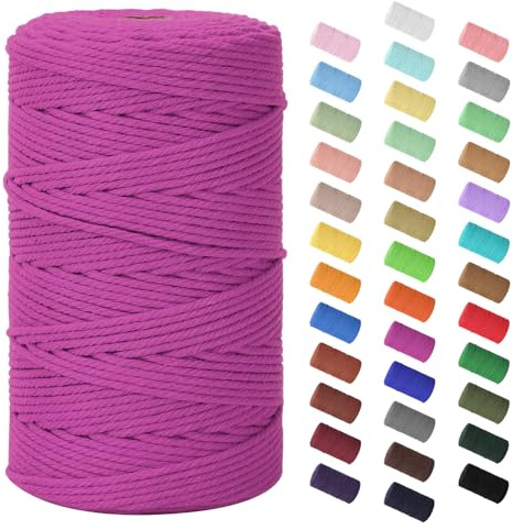 Makramee Garn 3mm x 200m, Baumwollkordel Farbig Baumwollgarn Geflochten Baumwollseil, Natürliche Baumwollschnur für Makramee Wandbehang, Blumenampel, Vorhang und Mehr DIY Deco, Rosarot