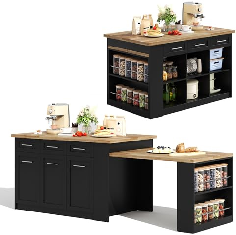 KecDuey Isla de cocina multifuncional con 150 cm+96 cm, mesas de comedor, mesa de comedor extensible blanca, encimera de madera de mármol/mesa, armarios de almacenamiento integrados, para cocinas