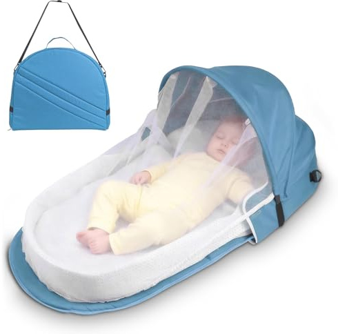 WoRaum Portable Baby Reisebett – Faltbares Stubenwagen mit Moskitohaube – Atmungsaktives Netz & Schnellaufbau in 1 Minute – Inklusive Matratze & Tragetasche – Leicht & Kompakt (Blau)