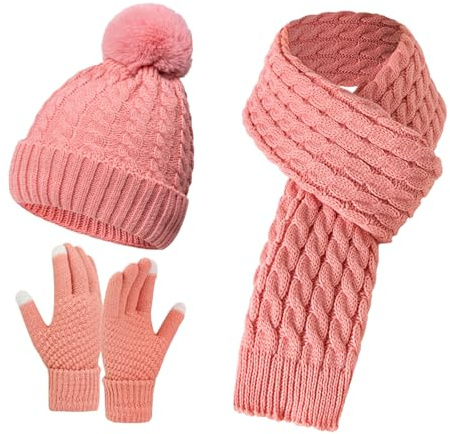 MUNSKT Mütze Schal set Damen,Winter Mütze, Schal & Handschuh-Sets für damen, Fleece Gefüttert Strickmütze Touchscreen Handschuhe Warm Schal 3 in 1 Set