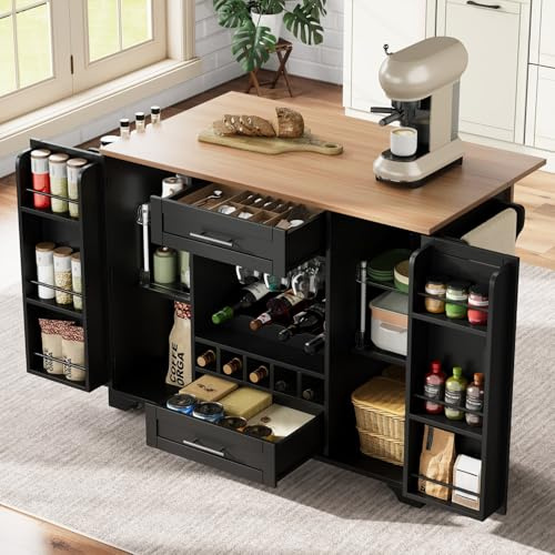 PUGSDRLY îlot de Cuisine avec Plateau de Table Pliable,Buffet Meuble,Desserte de Cuisine à roulettes,2 Tiroirs et 2 Portes,avec Casier à Bouteilles,Porte-Verres (Noir-D)