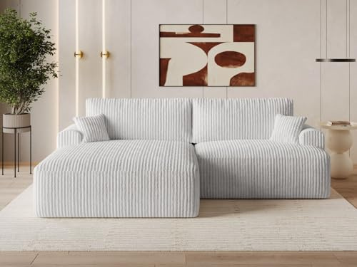 GRAINGOLD Serene L Ecksofa modern mit Bettfunktion, 259x145 cm, L-Form Sofa, Schlafcouch für Wohnzimmer, Cord-Stoff, 3-Sitzer Eckcouch, Ecksofa mit Bettkasten (Grau, Links)
