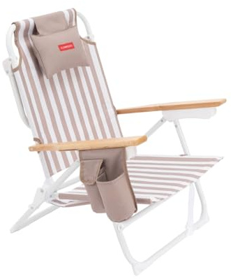 Flamingueo Silla Playa Plegable - Reclinable 5 Posiciones - Bolsillo Insulado Frío - Bolsillo para Móvil - Asas Mochila - Almohada Ergonómica - Aluminio y Poliéster - Beige