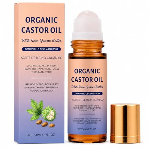 Castor Oil Roll On with Rose Quartz Roller 50ml, Cold Pressed Hexane-Free Beauty Oil for Brows, Lashes, Hairline, Face, Under Eye & Dry Skin Areas