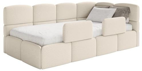 Selsey Jugendbett 120x200cm Hellbeige Bouclé Stoff mit Stauraum und Lattenrost, Polsterbett Kinderbett mit 2 Schutzbarrieren, Jugendbett rechtsseitig mit Bettkasten und Eckkopfteil