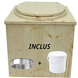 Toilette sèche en Bois avec Seau Plastique Alimentaire 20L et bavette de Protection INOX - Fabrication Artisanale Française - N1