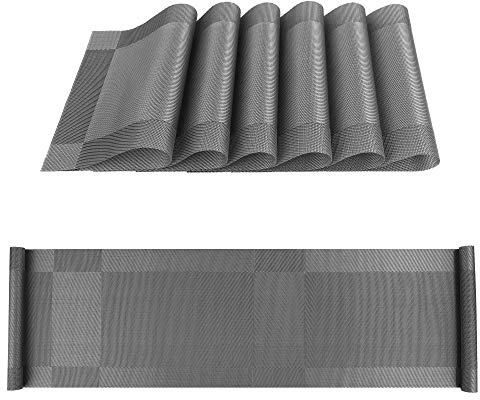 Tischläufer und Tischsets Rutschfest Abwaschbar PVC Platzdeckchen Set von 6 mit Passenden Tischläufer für Küche Zuhause Restaurant Speisetisch 30 x 180 cm