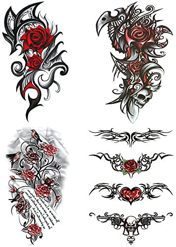 Yesallwas 4 Sheets Large Temporary Tattoo Sticker Fake Tattoos for Women Girls Models,Waterproof Long Lasting Body Art Makeup Sexy Realistic Arm Tattoos -Rose, Flowers,Skull 5.9x8.26inche