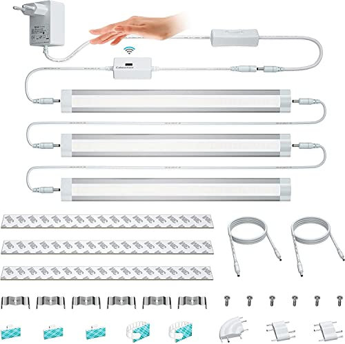 LAMPAOUS Led Schrankbeleuchtung Dimmbar Warmweiss Lichtleiste IR Sensor Licht Handwellschalter 3x4W insgesamt 12W für Nachtlicht Kleiderschrank Unterbauleuchten Küchenlampen Kabinett Garage 3er Pack
