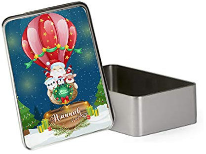 Personalised Funny Santa On Balloon inspired Merry Christmas ANY NAME Gift Present Idea Portable Metal Tin Storage Box Biscuit Chocolate Tin Emergency Stuff Tin Birthday Gift. (Rectangular)