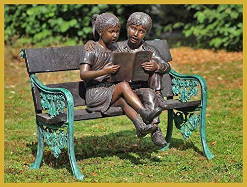 IDYL Bronze-Skulptur Zwei Kinder auf Einer Bank | 95x60x100 cm | Kinderfigur aus Bronze handgefertigt | Gartenskulptur oder Teich-Dekoration | Hochwertiges Kunsthandwerk |Wetterfest