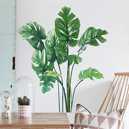 Monstera Leaf Tropical Plants Wall Stickers for Living Room, Palm Leaf Wall Posters Natural Green Plants Art Murals Vinyl Wallpaper for Bedroom, Nursery, Office