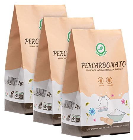 Verdevero PERCARBONATO Pack da 3 cf da 1 Kg - Igienizzante, Sbiancante, Smacchiante naturale - 100% Plastic Free