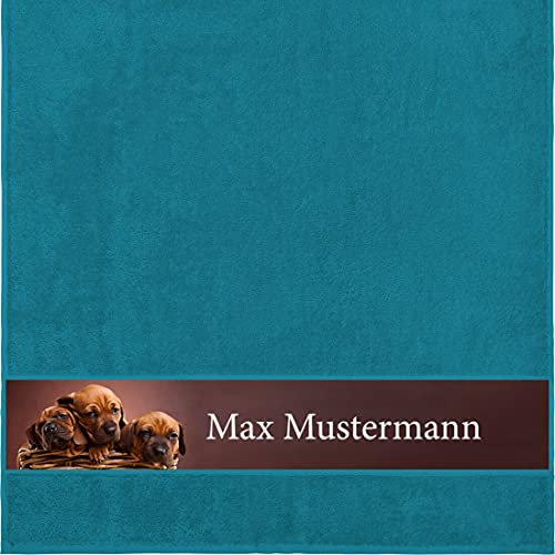 Manutextur Duschtuch mit Namen - personalisiert - Motiv Hundewelpen - viele Farben & Tiermotiven - Dusch-Handtuch - Petrol - Größe 70x140 cm - persönliches Geschenk mit Wunsch-Motiv und Wunsch-Name