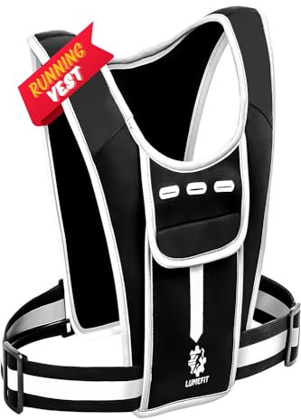 LUMEFIT Running Vest Phone Holder Practical Jogger Reflective Holder w/ Water Bottle Pocket & Fixing Rope Features Headphone Jack & Shoulder Pocket, Black, One Size fits all from Short to X-Large