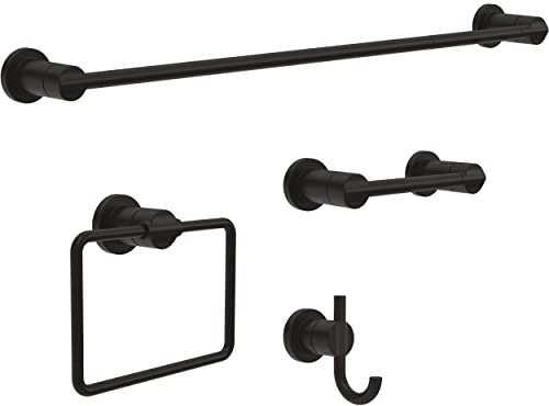 Delta Nicoli (4-Pack) Bathroom Set Matte Black 18 Towel Rack, Toilet Paper Holder, Hand Towel Holder, Towel Hook| Bathroom Accessory Set Towel Holder 4-Piece Hardware Set NIC64-MB