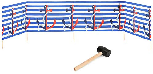 Garronda Paravento da Spiaggia, Protezione dal Vento, Protezione Privacy, Spiaggia, Giardino, paravento + Martello di Gomma GAEX001 (Strisce/Ancore, 5 m)