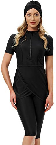 Odizli Maillot de Bain Musulman Modest - Ensemble Islamique 3 Pièces avec Manches Courtes + Short + Hijab pour Femme