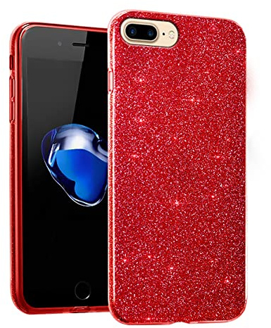 Wousunly Kompatibel mit für iPhone 7 Plus Hülle Transparent Silikon Glitzer,Handyhülle für iPhone 8 Plus 3 In 1 Dünn Stoßfeste Kratzfest Case Niedliche Glitzernde Anti Rutsch (rot)