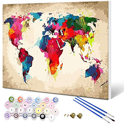 Fuumuui Peinture par Numéros Adultes et Enfants Débutants Peinture avec Cadre Comprend des Pinceaux et des Peintures Acryliques 40 x 50 cm - Paysage, Carte du Monde