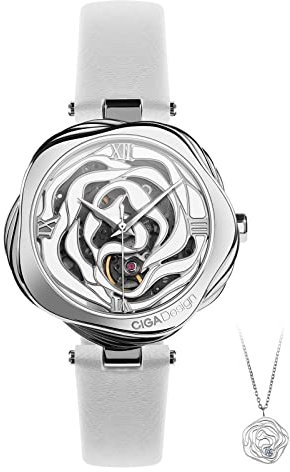 CIGA Design Armbanduhr Damen - Dänemark Rose 40mm Mode Skelettuhr Edelstahl Saphirglas, mit Kettengeschenk und Lederarmband