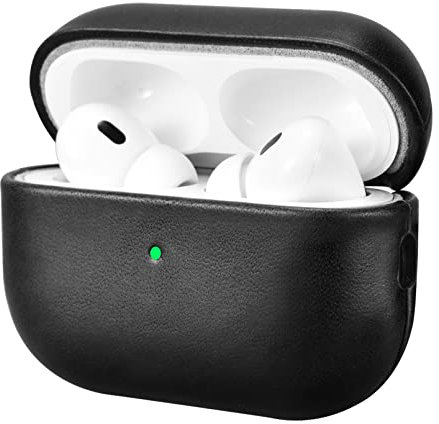 Leder Hülle für AirPods Pro 2 2022, ICARERFAMILY Premium Echtleder Stoßfeste Schutzhülle für Apple AirPods Pro 2 Kopfhörer Leder Case (LED sichtbar) Unterstützung Wireless Ladegerät-Schwarz