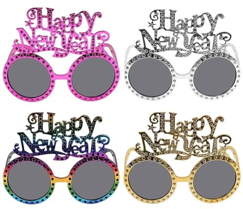 4 Paar Frohes Neues Jahr Brillen, 2025 Happy New Year Partybrillen, Silvester Deko, Glitzer Foto Requisiten Brille, Silvester Dekorationen Party Brille Neues Jahr für Silvester Party Dekoration