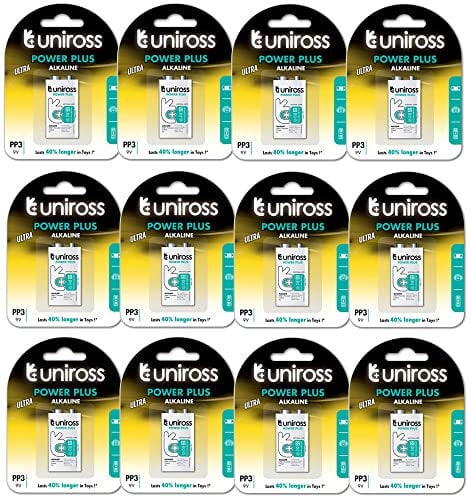 Uniross Ultra Power Plus 9V Batteries Alkaline, 6LR61 PP3, Pack of 12