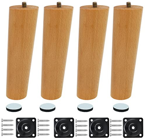 Wkmamo 4 Stück Möbelfüße 15cm Holz Möbelbeine, Massivholz Beine Aus Eiche mit Montageplatten, Schrauben und Filzgleiter,für Sofa Bett Schrank Couch Stuhl (15 cm, Abschrägung)