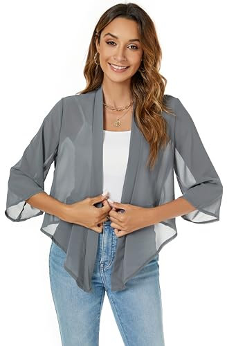 Famrrifuu Damen Bolero Chiffon Schulterjacke 3/4 Ärmel Elegant Kurze Cardigan Leichte Dünn Bolerojacke Casual,Grau,XL