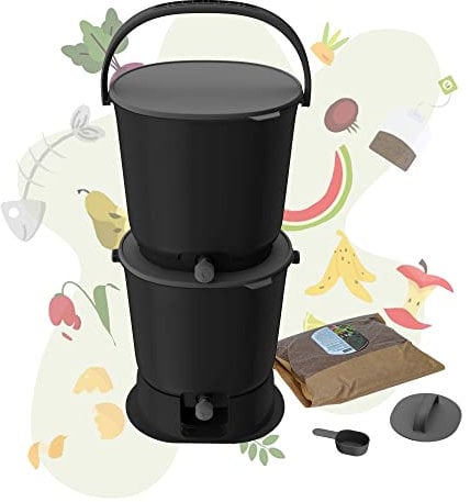 NATIV Bokashi Eimer Starter Set | 2 Bokashi Eimer mit Bokashi Ferment | Küchenkomposter für die Herstellung von Bokashi Kompost | Bokashi-Eimer aus recyceltem Plastik