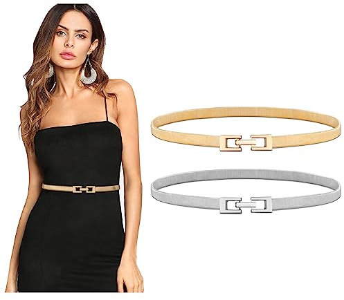 WERFORU 2 Stück Frauen Metall Dünner Gürtel für Kleid Gold elastische dünne Taille Gürtel Stretch Cinch Gürtel