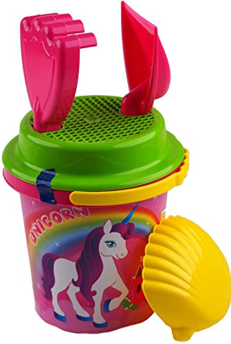 Unicorn Beach Bucket And Spade 5 Piece Set - With Rake Sieve Sand Mould