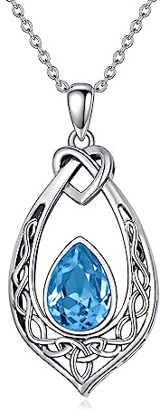 Keltischer Knoten Aquamarin Blau Kette Halskette 925 Sterling Silber Oxidierte Vintage Liebesknoten-Anhänger-Halskette mit Marsch Geburtsstein Kristall, Schmuck Geschenke für Frauen