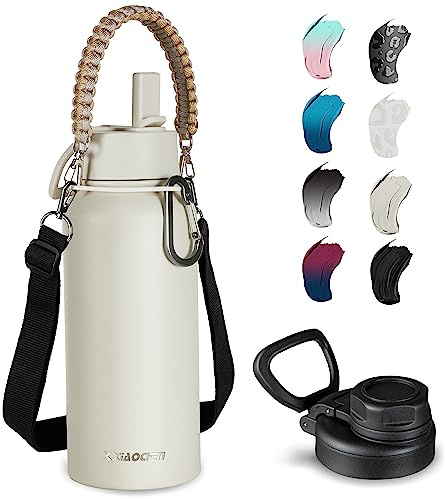 KXIAOCHEN 32oz Insulated Water Bottle with Strap, Cold for 48 Hours Leakproof, Triple Wall Stainless Steel Sports Water Bottle with Straw and Spout Lid for