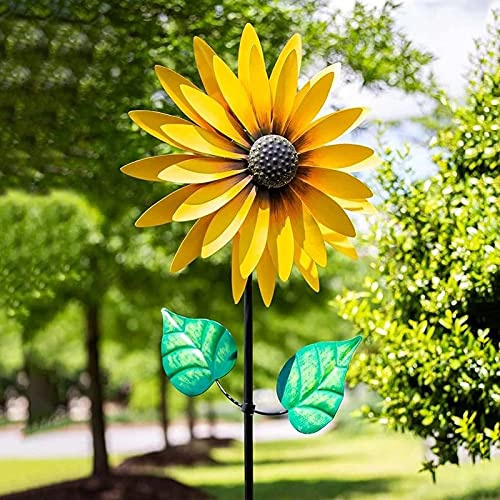 EFEMIR Outdoor Garden Rotating Windmill, Sunflower Wind Spinner, Weather Resistant, Durable, Yellow, Metal, Floral