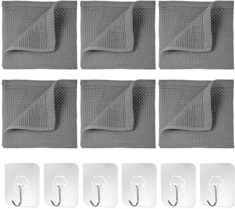 MAXQUU Juego De 6 Paños De Cocina Y 6 Ganchos Transparentes, Toallitas De Limpieza, Toallitas De Cocina De Algodón, Trapos, Cuadros De Gofres, Para Limpiar Utensilios De Cocina (Gris Oscuro)