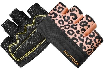 KUTOOK Fitnesshandschuhe Herren Kraftsport Krafttraining Handschuhe Damen Gym Gloves Women Sporthandschuhe Griffpolster Trainingshandschuhe Gelb Leopard Muster M