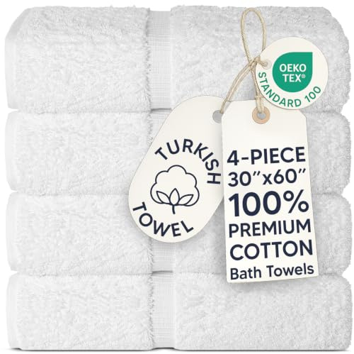 Chakir Turkish Linens 100% Cotton Premium Turkish Towels for Bathroom | 30'' x 60'' Large Bath Towels (4 Piece, White)