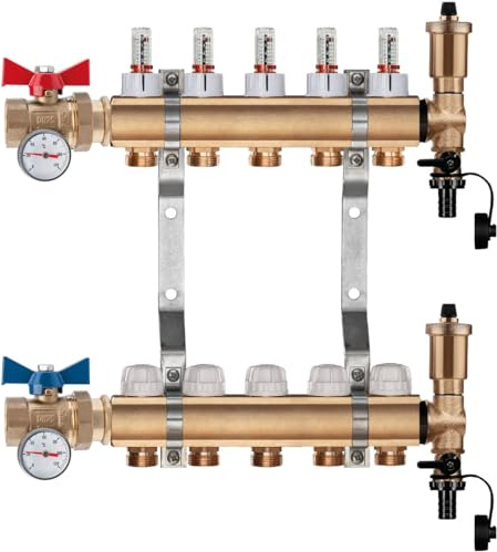 Heizkreisverteiler Messing Premium 5 Heizkreise für Fußbodenheizung Durchflussanzeiger Entlüfter (5 Heizkreise)