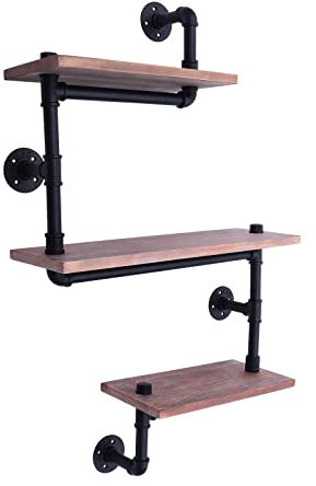 HOARLICN 3 Ebenen Vintage Industrie Rohr Wandregal Halterung Holz, Industrielle Rohrregal Wandregal Massivholzregal Rohr Regal Metall Aufbewahrungsregale Bücherregal Küchenregal