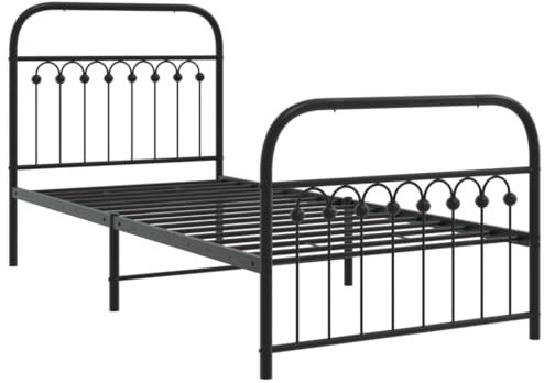 vidaXL Bettgestell, Bett mit Kopfteil Fußteil, Bettrahmen mit Lattenrost, Metallbett Einzelbett für Schlafzimmer, Metall Schwarz 90x200cm