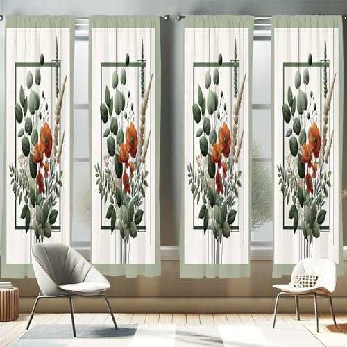 ABAKUHAUS Botanico Tenda a Pannello Set di 4, Mazzo di Papaveri Bohemien, Trattamento della Finestra per Stanza e Camera da Letto, 150 cm x 225 cm, Arancia Bruciata Verde Lauro