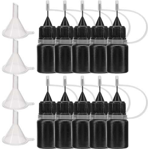 GORGECRAFT 10 Botella Aplicadora de Punta de Precisión Negra de 5ml Botella de Pegamento Exprimible con Punta de Aguja de Plástico con 4 Mini Embudos para Pintura Papel Acolchado Pegamento Artesanal